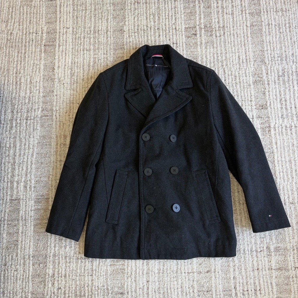 Tommy Hilfiger Mens Double Breasted Wool Blend Pea Coat Charcoal Grey Size M